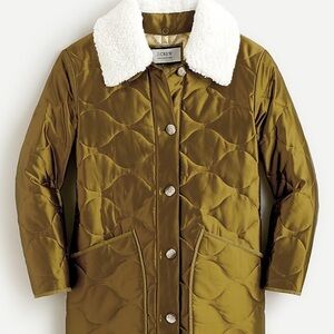 NWT J. Crew Olive Green Quilted Jacket with Faux Shearling Collar